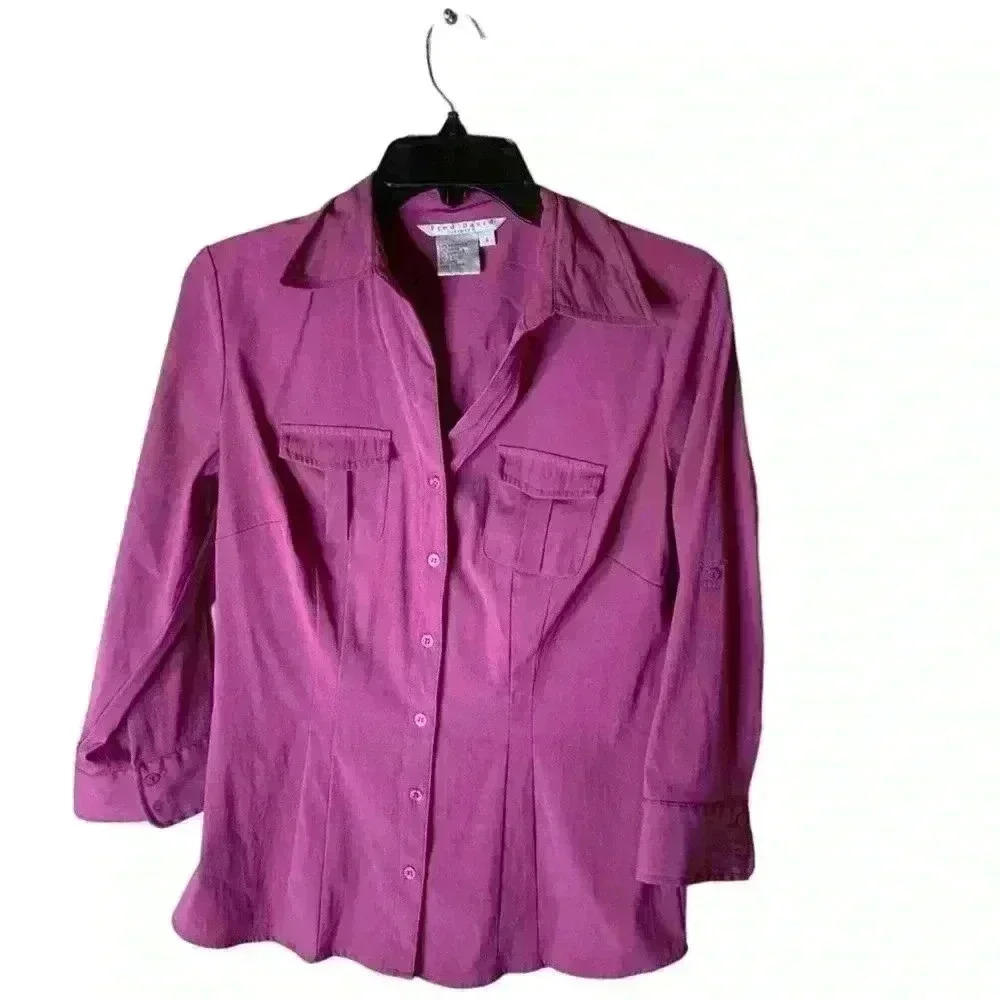 Fred David Shirt Women's Size Small Stretch Barbie Core Button Front Pockets Top